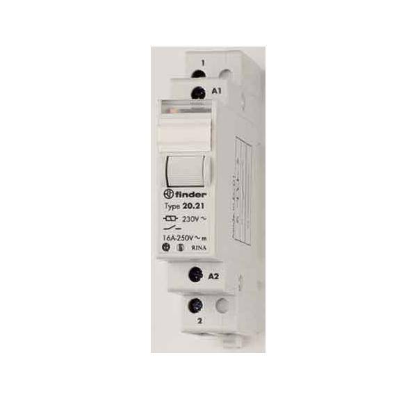 White Finder Typ 20.21 Stromschutzrelais-Schaltermodul mit Beschriftung A1, A2, 230V und 16A-250V.