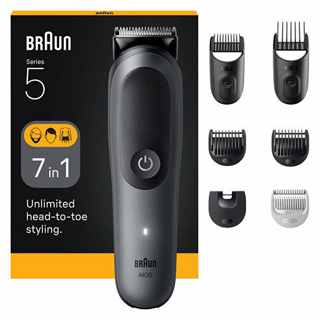 Braun Series 5 7-in-1 Elektrotrimmer mit sechs Aufsätzen, auf der Verpackung mit dem Text „Unbegrenztes Styling von Kopf bis Fuß