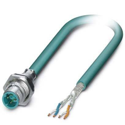 Nahaufnahme eines industriellen Kabels mit einem kreisförmigen Stecker an einem Ende und freiliegenden farbigen Kabeln am anderen Ende, wobei die elektrische Verbindung hervorgehoben wird.