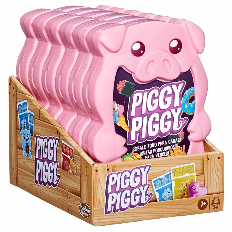 Ein Stapel von Rätselpuzzle-Boxen in Form von rosa Schweinen, auf denen jeweils der Name 'Piggy Piggy' steht. Die Ausstellungsbox zeigt farbenfrohe Bilder und Karten.