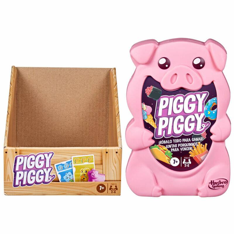 Eine schweineförmige Spielebox für 'Piggy Piggy' von Hasbro Gaming enthält bunte Spielfiguren, geeignet für Kinder ab 7 Jahren und 2-4 Spieler.