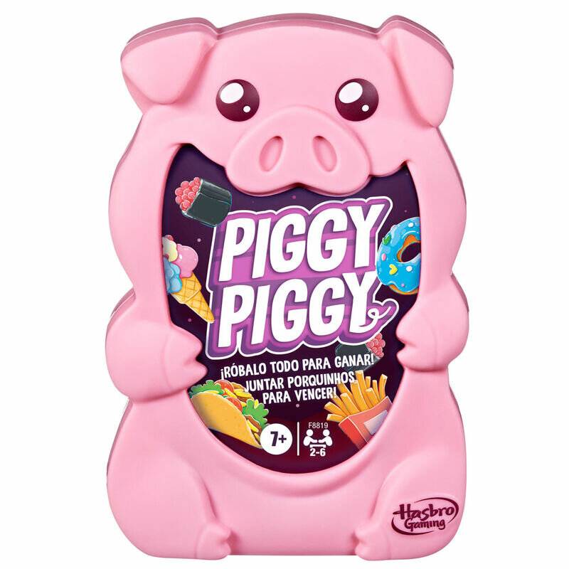 Eine rosa Schweinchen-förmige Brettspielschachtel mit dem Text 'Piggy Piggy' und Illustrationen von Süßigkeiten. Geeignet für Kinder ab 7 Jahren.