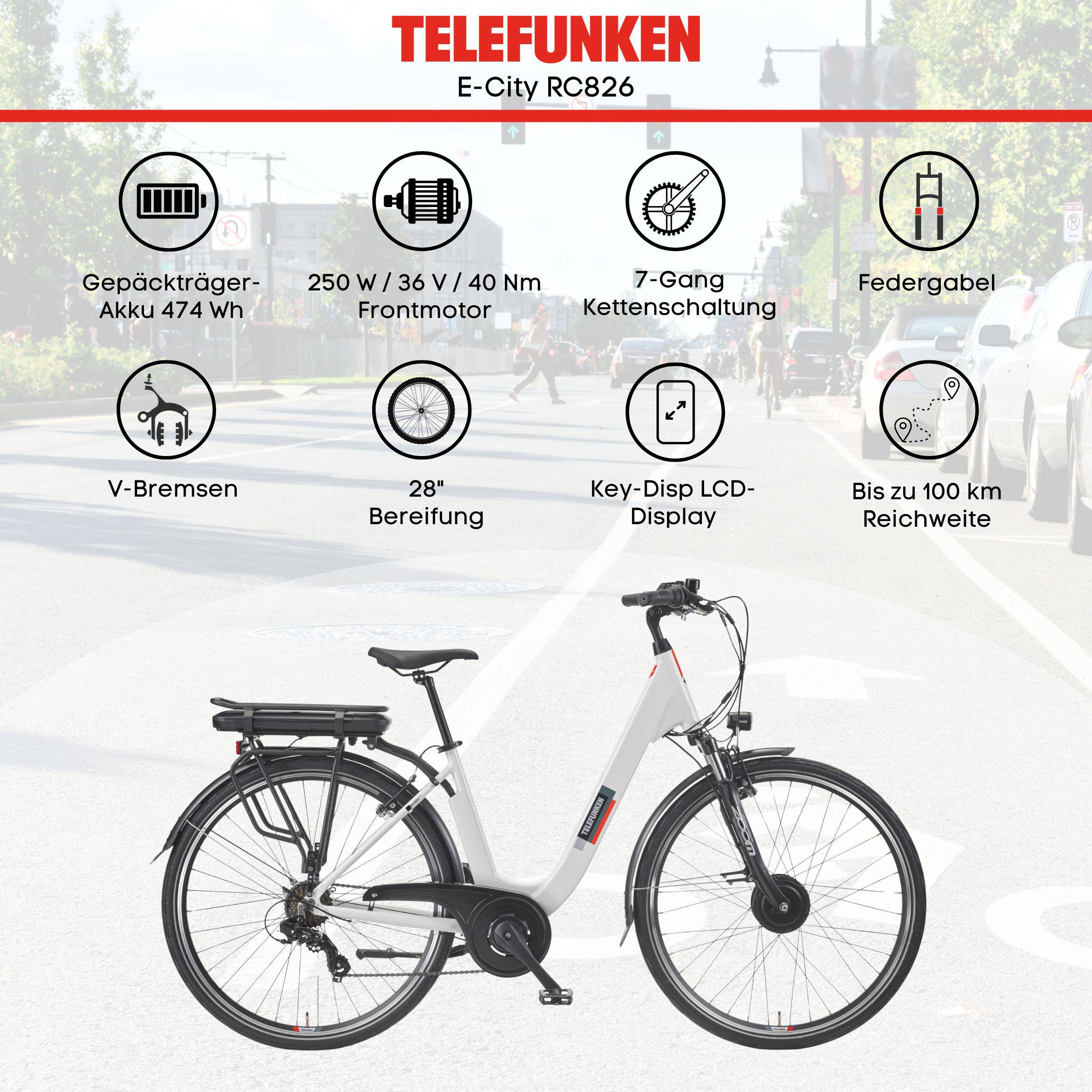 Telefunken City E-Bike Damen RC826 28 Zoll Frontmotor 7-Gang Kettenschaltung