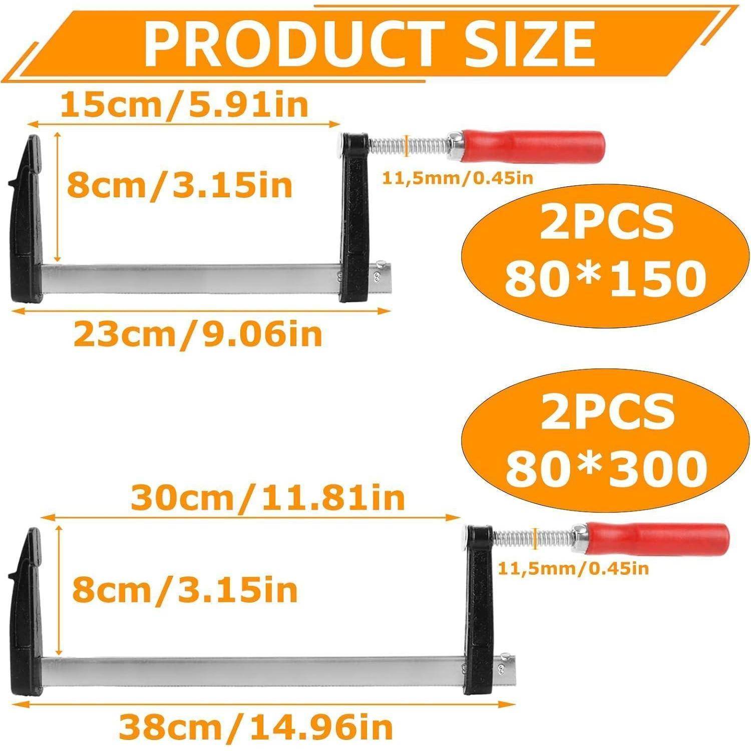 Bild zeigt zwei Metallklemmen mit roten Griffen, gekennzeichnet als 80*150 und 80*300, zusammen mit Abmessungen: 15cm/5,91 Zoll und 23cm/9,06 Zoll; 30cm/11,81 Zoll und 38cm/14,96 Zoll.