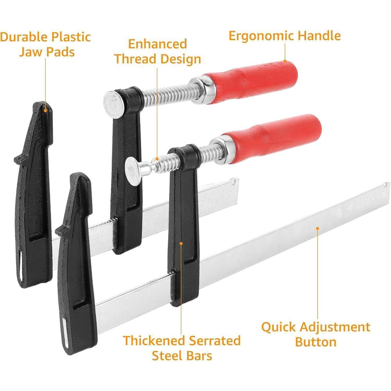 F-Schraubzwinge mit ergonomischem Griff, verbesserter Gewindegestaltung, schnell verstellbarem Knopf, strapazierfähigen Kunststoff-Klemmbacken, verstärkten gezahnten Stahlstangen.