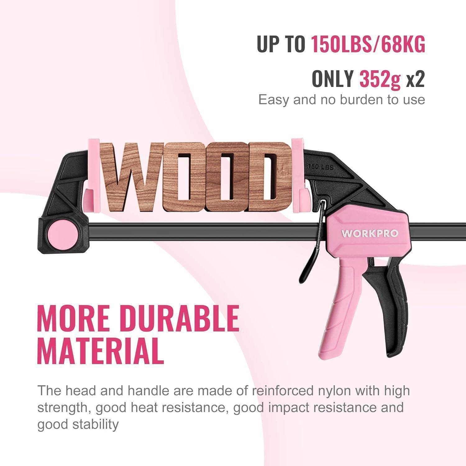 Bild eines rosa WorkPro Klemmhalters, der einen Holzklotz mit der Beschriftung 