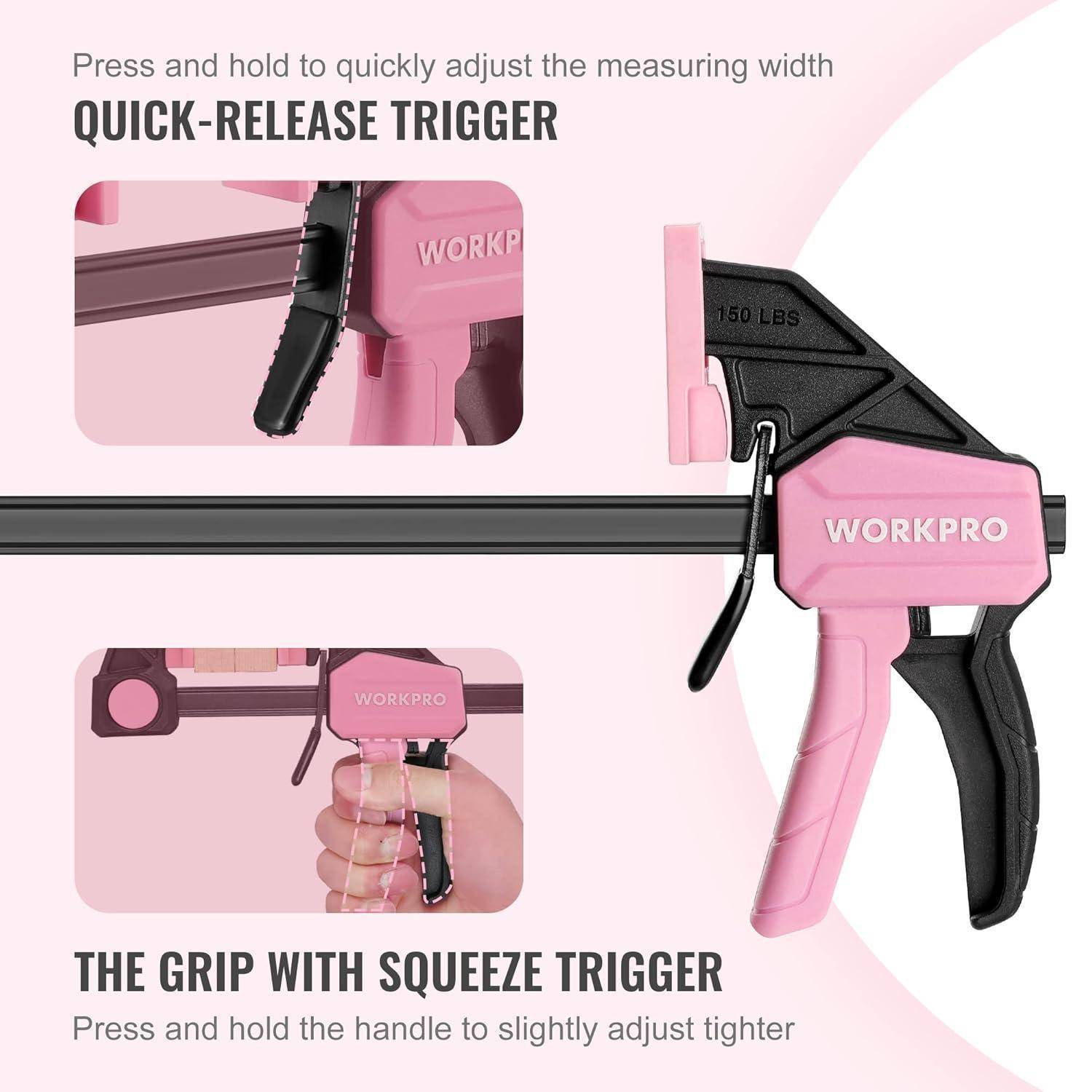 WORKPRO' Klammer in Pink mit Schnellspannfunktion und Auslösehebel, verstellbarem Griff und einer maximalen Tragkraft von 150 Pfund.