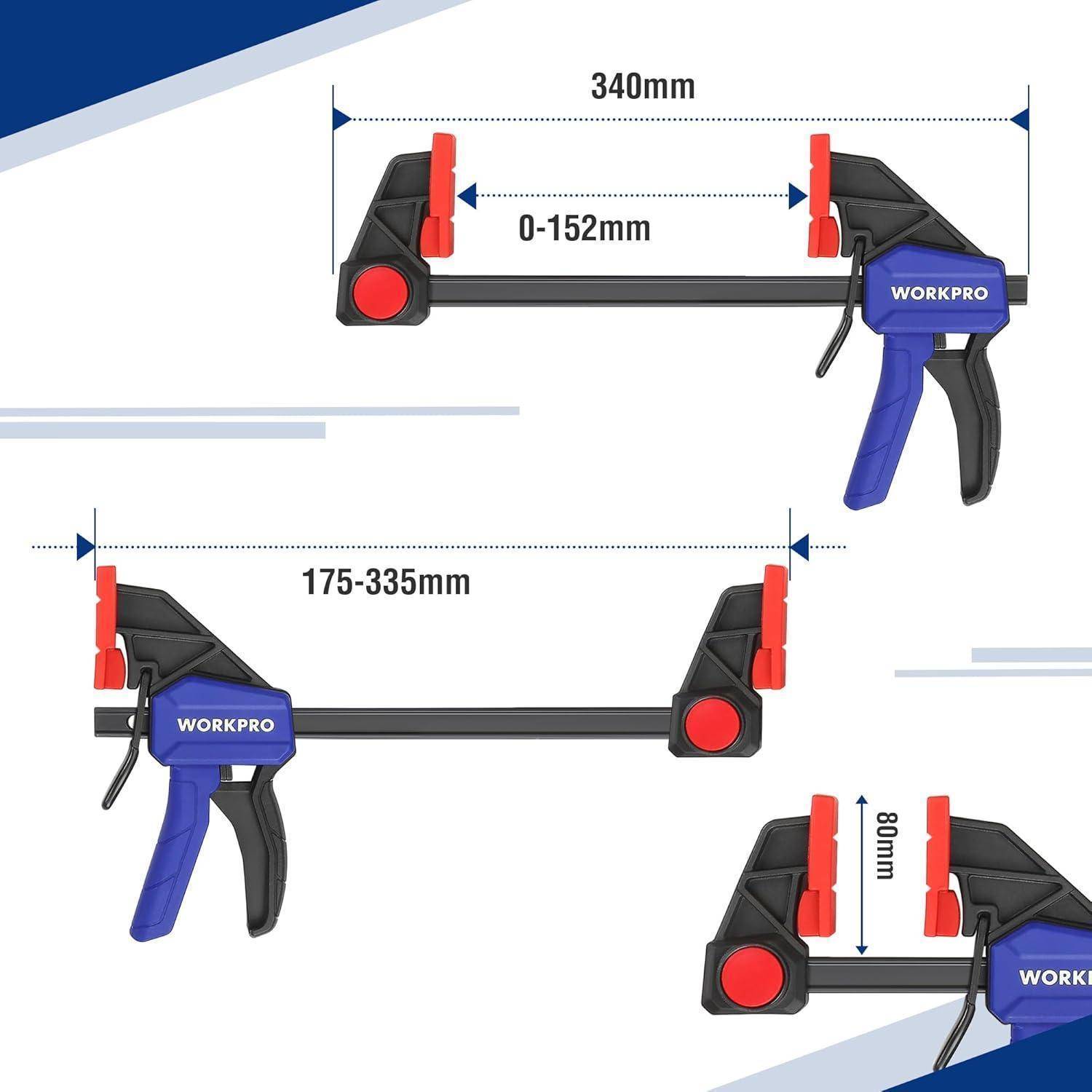 Ein Bild, das drei verschiedene Ansichten von WORKPRO Schraubzwingen mit Maßangaben zeigt: maximale Länge von 340 mm, verstellbar von 0-152 mm und maximale Spreizung von 175-335 mm.