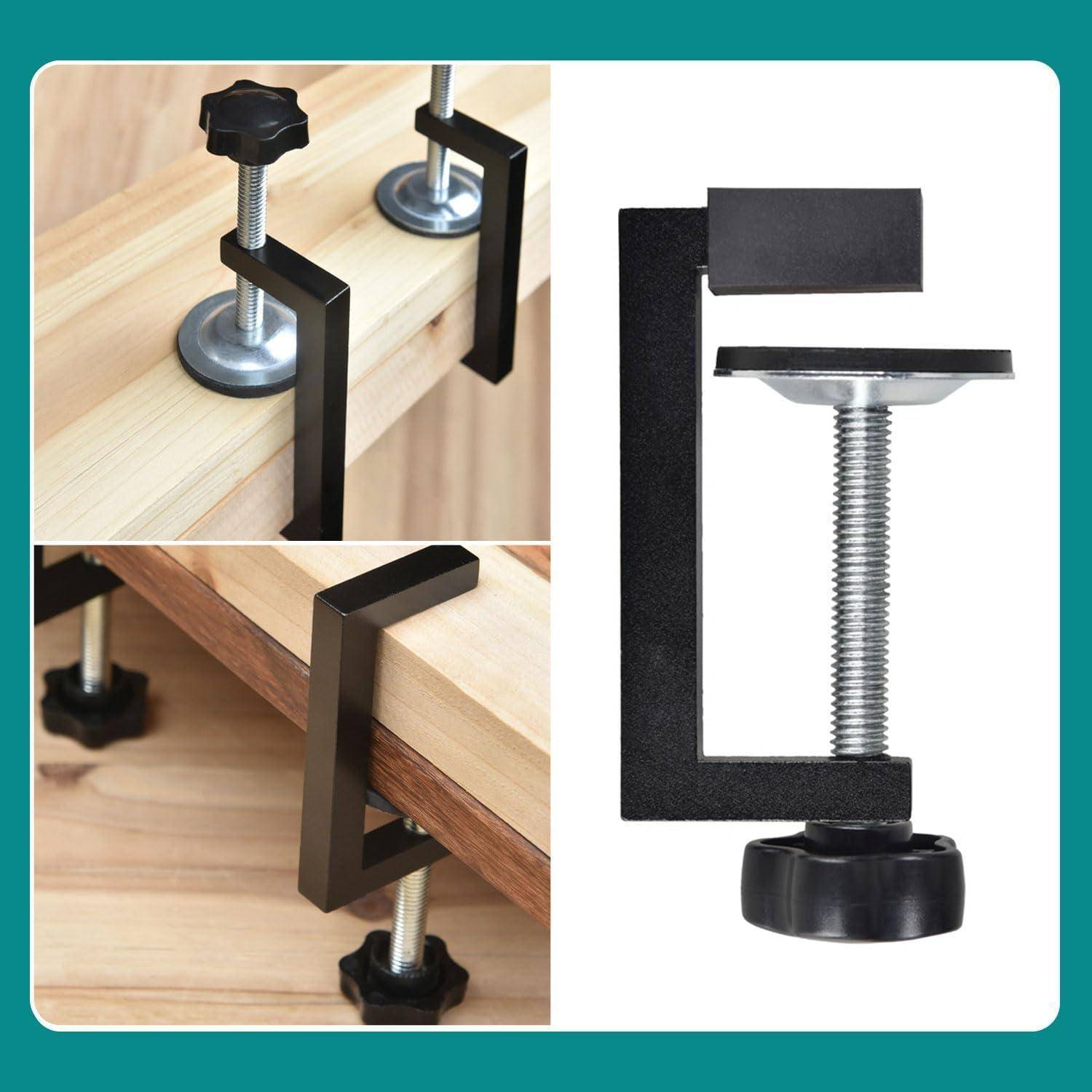 Eine Nahaufnahme-Collage, die eine C-Klemme, ihre Teile und deren Verwendung auf einem Holzbrett zeigt. Beleuchtet den Schraubmechanismus der Klemme und ihre vielseitigen Anwendungsmöglichkeiten.