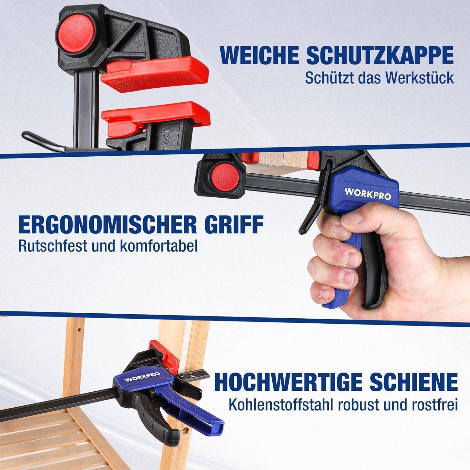 Eine Hand hält eine 'WORKPRO' Klemme mit roten Polstern und einem blauen ergonomischen Griff. Der deutsche Text hebt ihre Schutz- und rostbeständigen Eigenschaften hervor.
