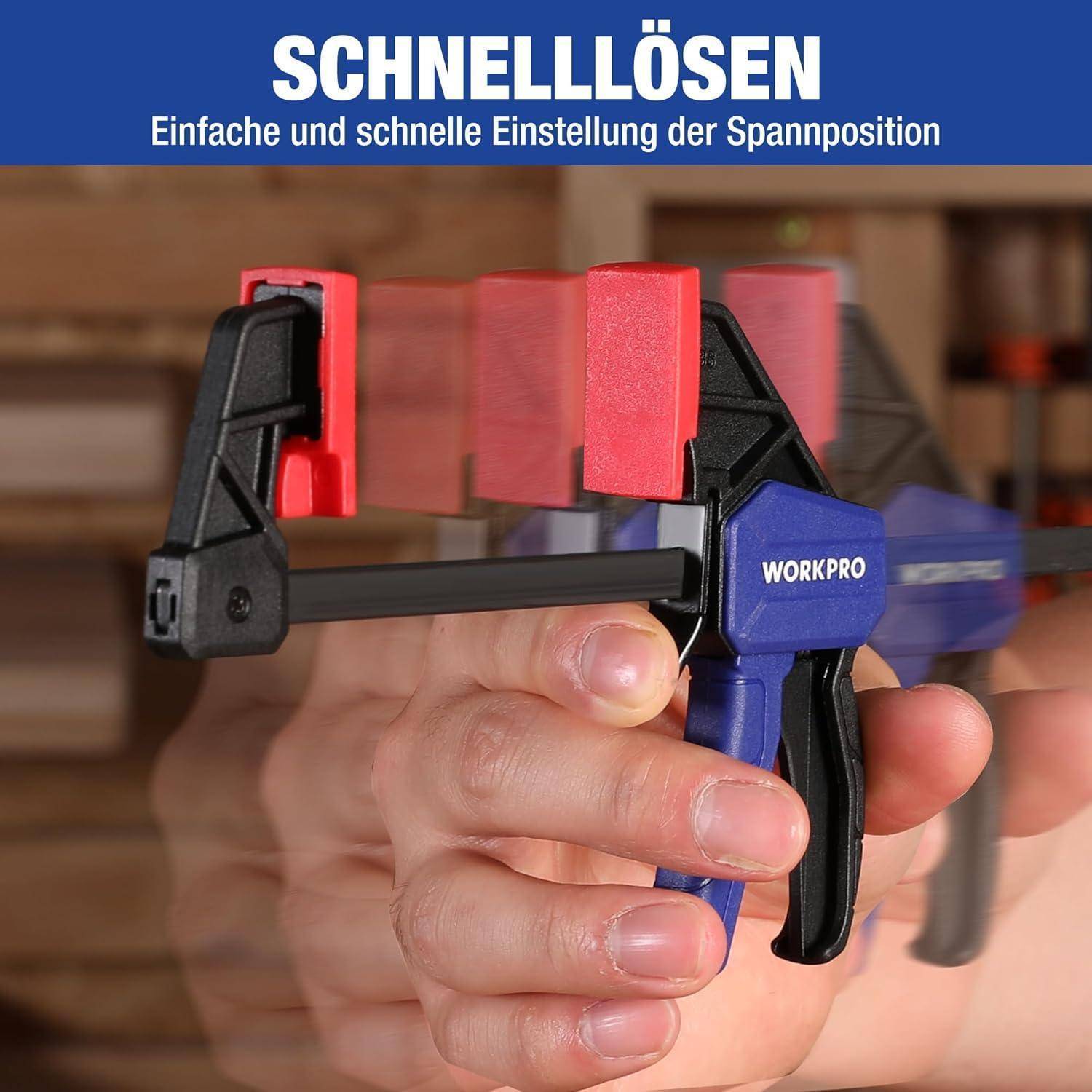 Eine Hand, die die Schnellspannfunktion einer Klemme der Marke WORKPRO demonstriert, mit Bewegungsunschärfe-Effekt, um die Geschwindigkeit der Anpassung zu zeigen.