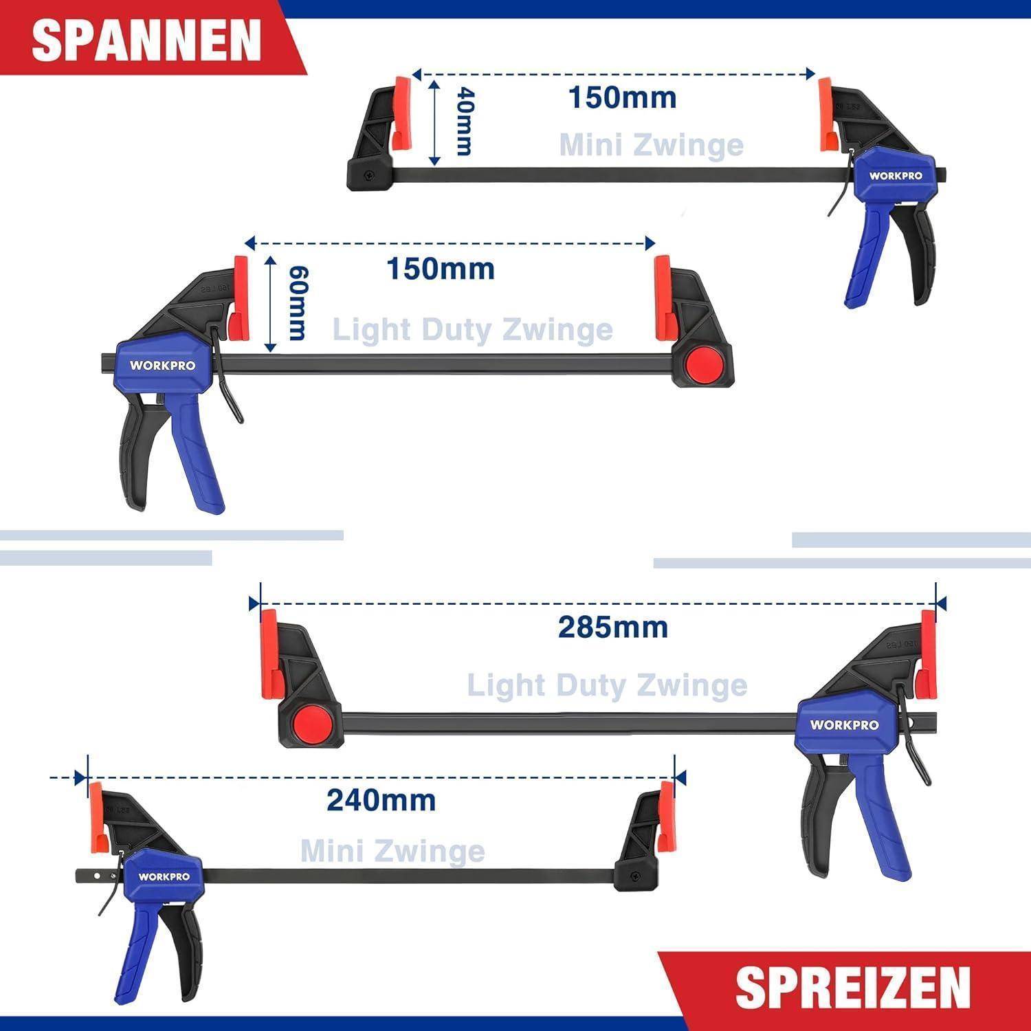 WORKPRO' Zwingen in verschiedenen Größen: Mini Zwinge (150 mm), Light Duty Zwinge (150 mm) und Spreizen (285 mm, 240 mm).