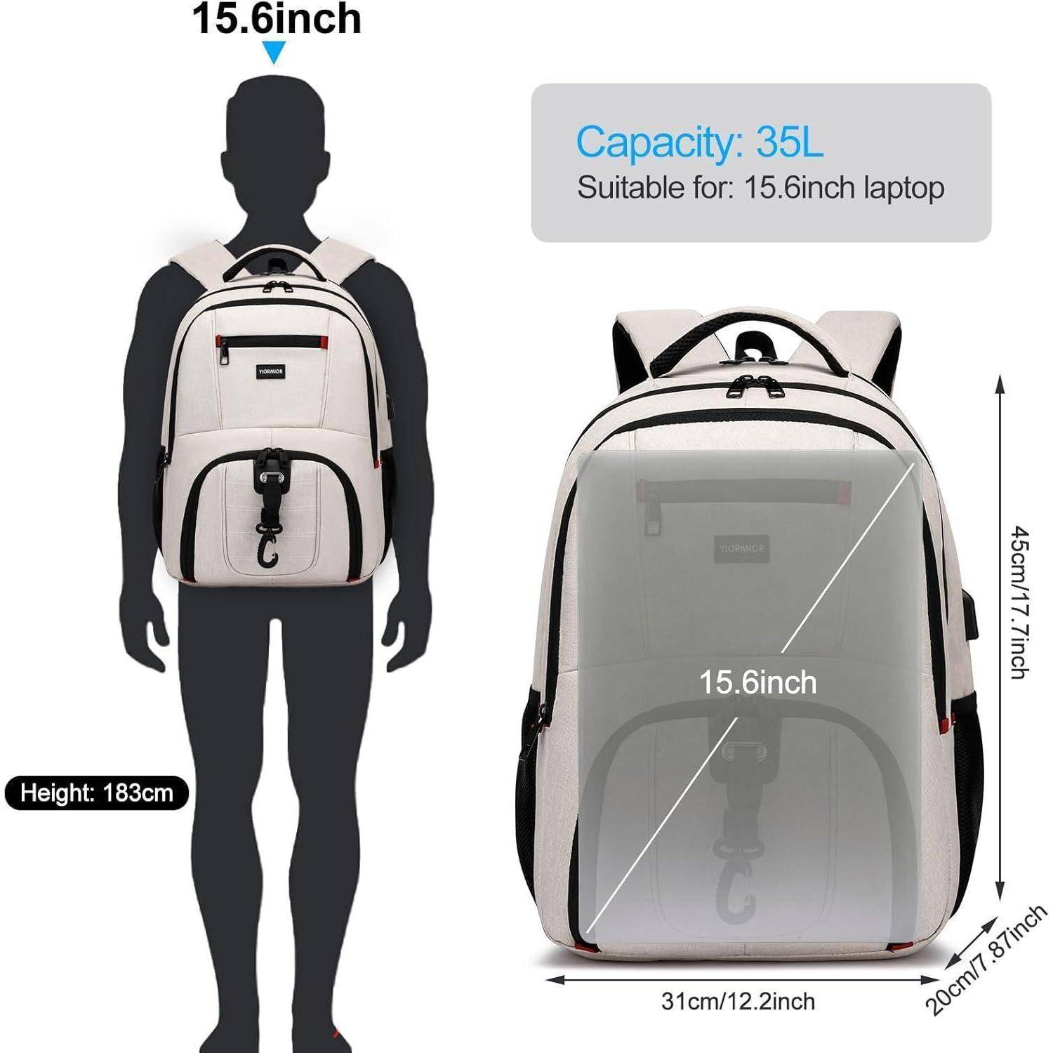 Silhouette einer Person, die einen beigen Rucksack mit der Aufschrift '15,6 Zoll' trägt, mit Eigenschaften wie einem Laptopfach. Abmessungen: 45 cm x 31 cm x 20 cm.