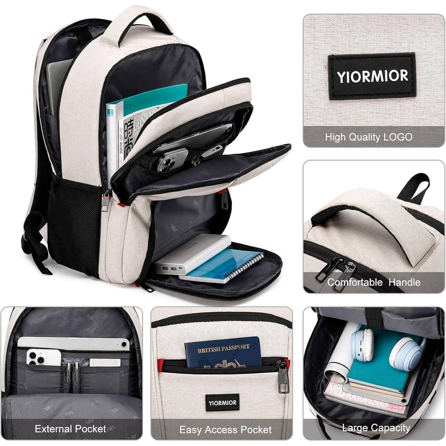 Ein beiger Rucksack mit mehreren Fächern ist geöffnet, um seine Lagerfähigkeit zu demonstrieren, einschließlich Platz für einen Laptop, Bücher und kleine Accessoires.