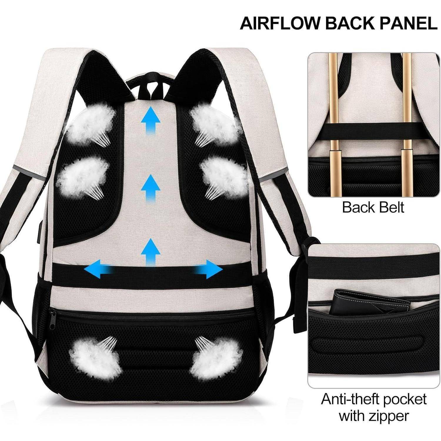 Rucksack mit Luftzirkulations-Design, dargestellt mit blauen Pfeilen, die die Belüftung zeigen. Eingesetzte Bilder heben einen Rückengurt und eine Diebstahlschutz-Tasche hervor.