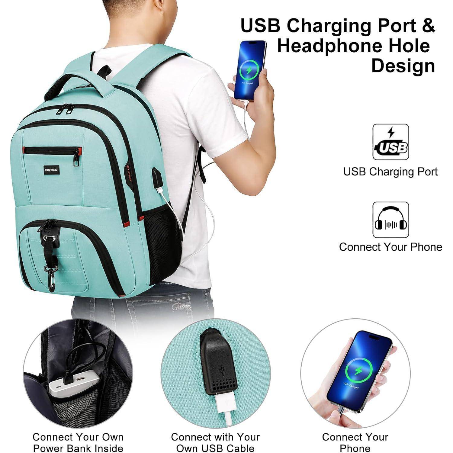 Eine Person trägt einen petrolblauen Rucksack mit folgenden Merkmalen: USB-Ladeanschluss, Kopfhörerloch. Drei Bilder zeigen Details zum Anschließen von Geräten.