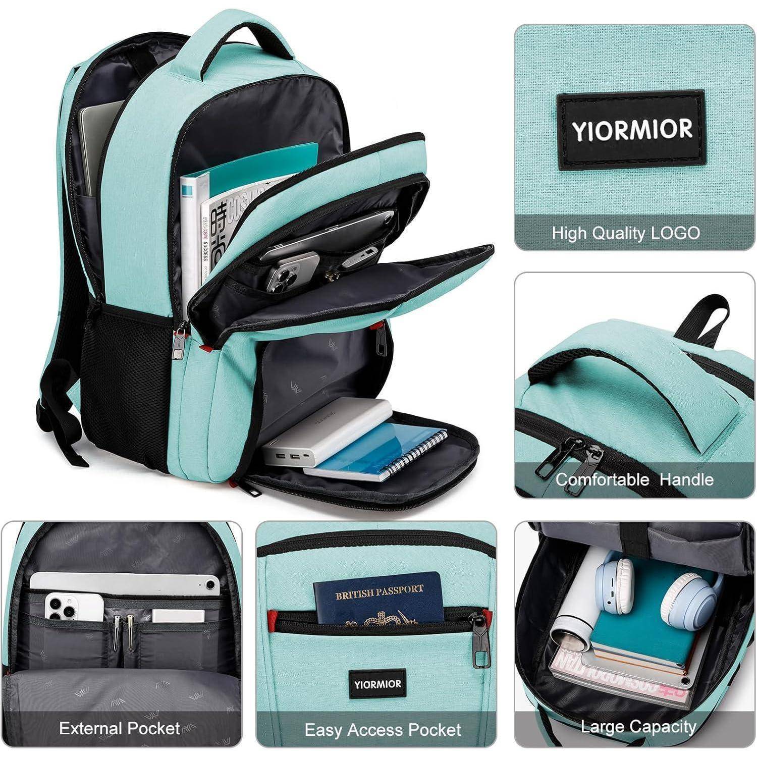 Ein hellblauer Rucksack mit mehreren Fächern. Merkmale beschriftet: 'Hochwertiges LOGO', 'Bequemer Griff', 'Leicht zugängliche Tasche', 'Große Kapazität' und 'Externe Tasche'.