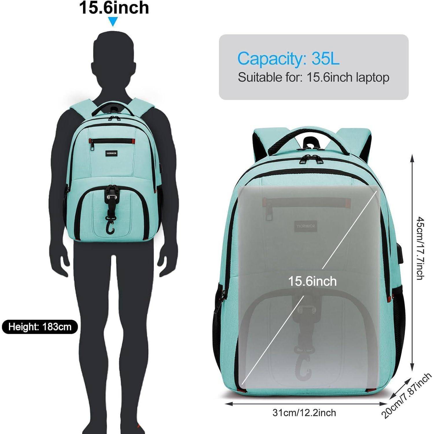 Silhouette einer Person mit Rucksack, mit hervorgehobenem 15,6-Zoll-Laptopfach, 35 Liter Fassungsvermögen. Rucksackabmessungen: 31 cm x 20 cm x 45 cm.