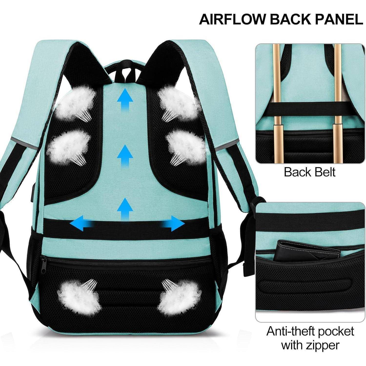 Blauer Rucksack mit Luftstrom-Rückenpaneel-Design, mit Pfeilen, die die Belüftung anzeigen. Enthält Abbildungen des Rückengurts und einer diebstahlsicheren Tasche mit Reißverschluss.