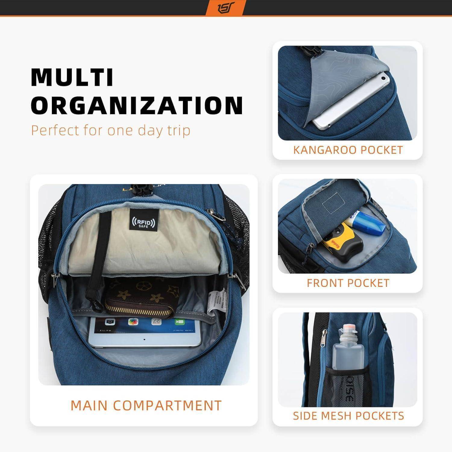 Rucksack mit mehreren Taschen: Kanguru-Tasche für Geräte, Vordertasche für kleine Gegenstände, Hauptfach und seitliche Netztaschen für Flaschen. Geeignet für einen Tagesausflug.