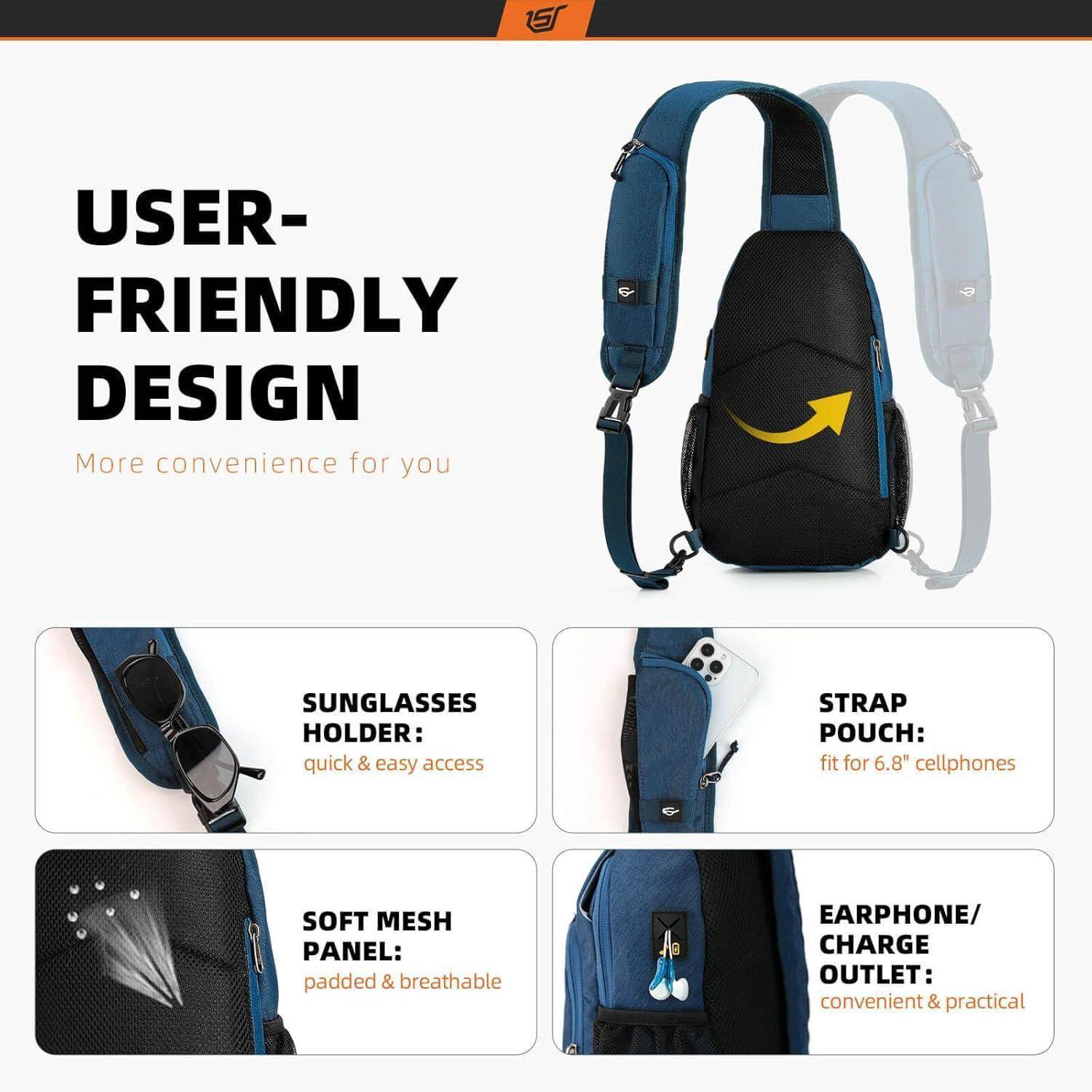 Schleuderucksack mit benutzerfreundlichen Designmerkmalen: Schnellzugriffs-Sonnenbrillenfach, Tasche für Mobiltelefone bis zu 6,8 Zoll, atmungsaktive Meshpanel und Öffnung für Kopfhörer/Ladekabel.