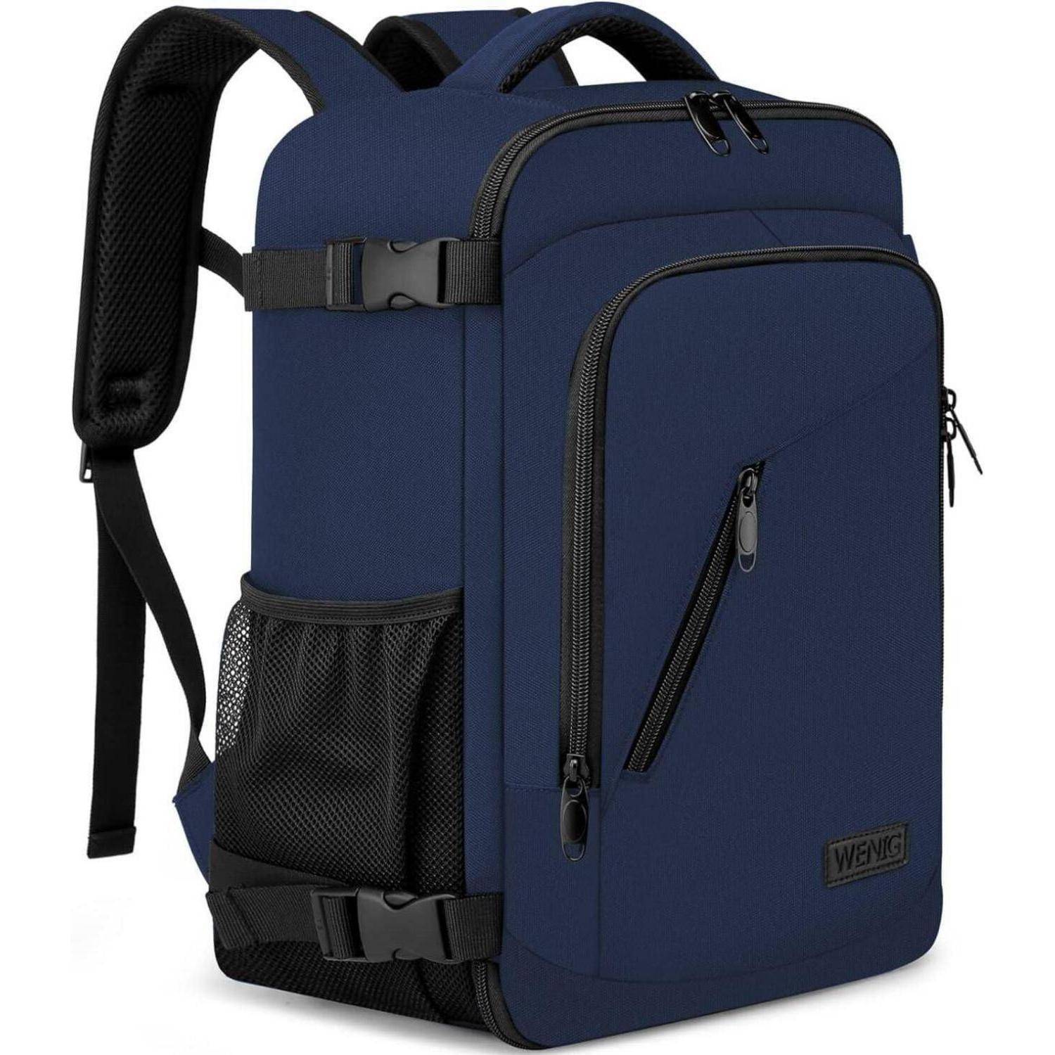 Ein marineblauer Rucksack mit mehreren Fächern, einer Netzseiten-Tasche und schwarzen Zierdetails. Markenname 'WENG' auf der Vorderseite sichtbar.