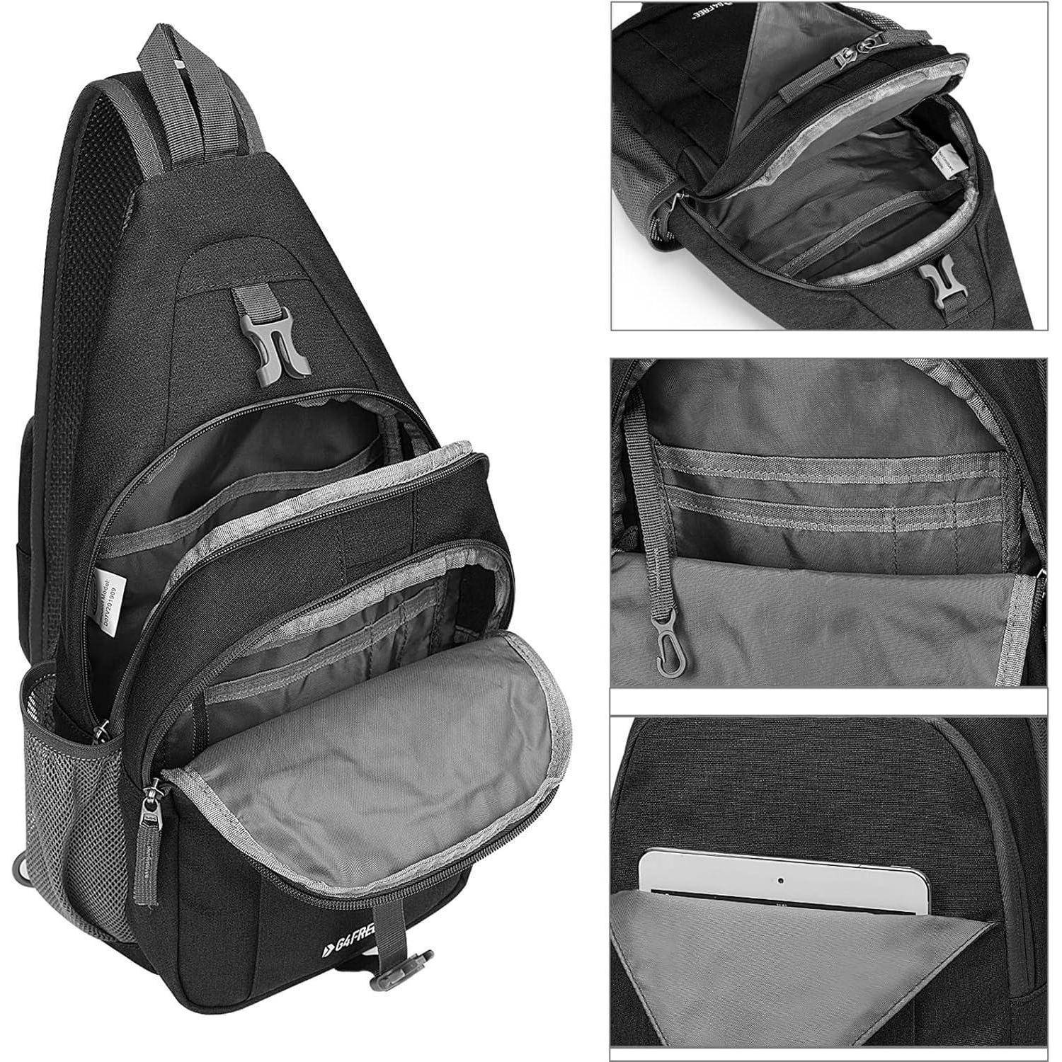 Schwarzer Rucksack mit Tragegurt und mehreren Reißverschlusskompartimenten, Netzseitetasche und gepolstertem Innenraum, dargestellt in drei Detailansichten.