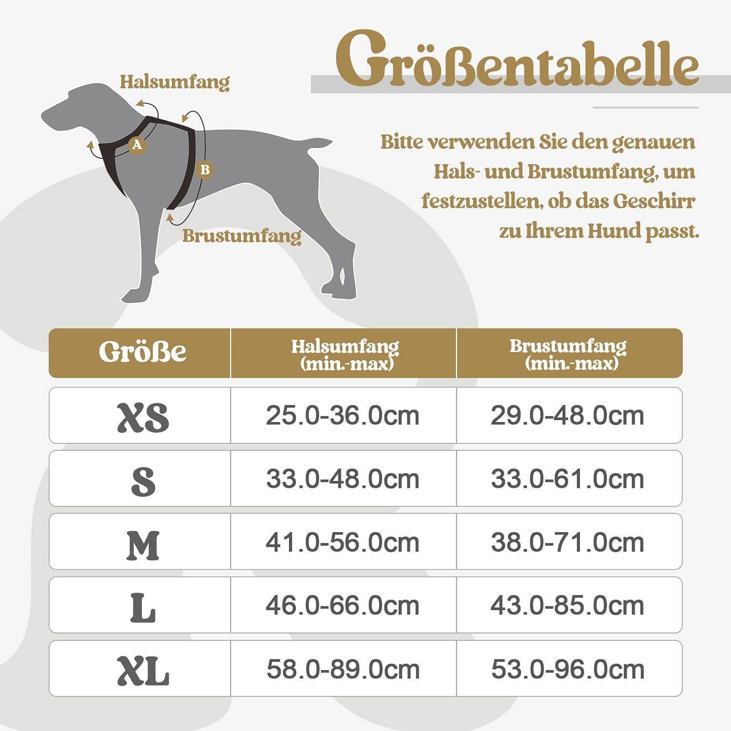 Größentabelle für Hundegeschirr: Größe XS bis XL. Zeigt Hals- und Brustumfang in cm. XS: (Hals 25-36, Brust 29-48); XL: (Hals 58-89, Brust 53-96).