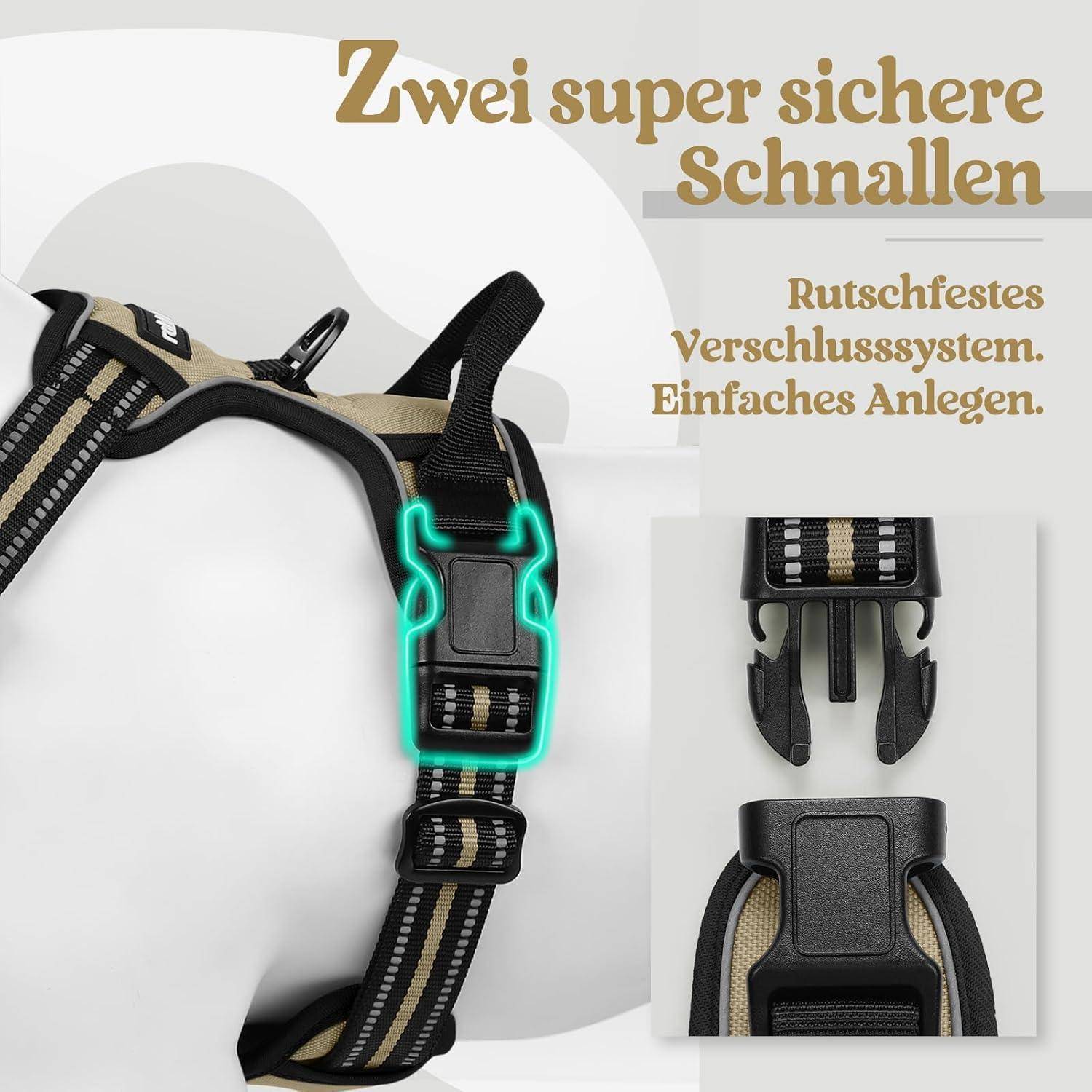 Eine Hundeleine mit zwei sicheren Schnallen. Deutsche Texthervorhebungen betonen ihr rutschfestes Verschlusssystem und die einfache Handhabung.