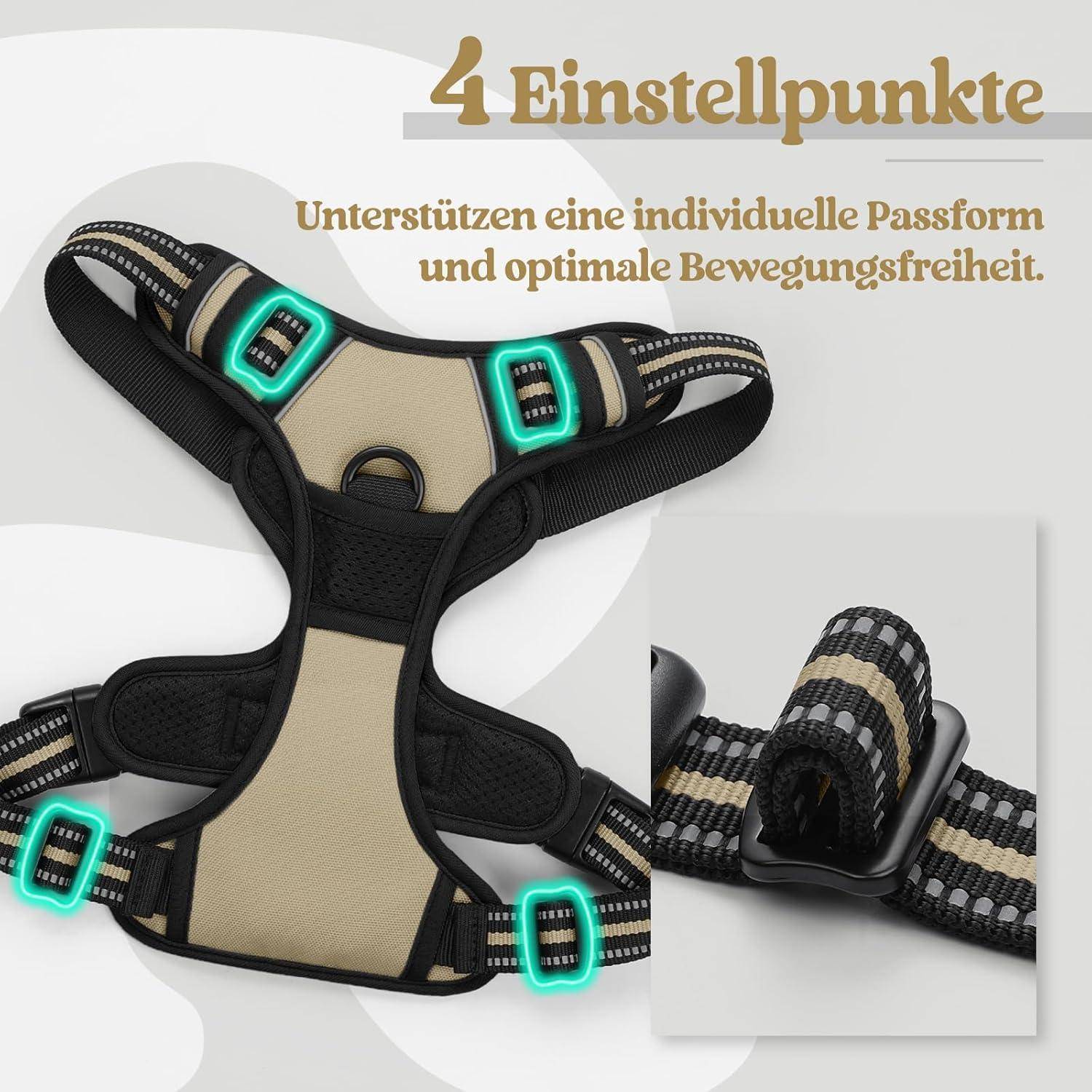 Ein Hundegeschirr mit vier Einstellpunkten für eine maßgeschneiderte Passform und optimale Bewegungsfreiheit. Detailaufnahme einer Riemenverbindung inklusive.