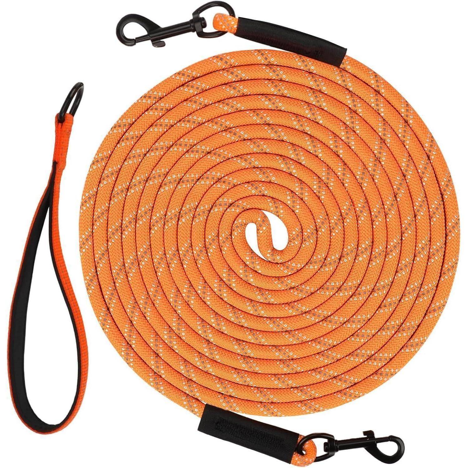 Eine aufgerollte orangefarbene Hundeleine mit schwarzen Metallkarabinern und einem schwarzen Griff.