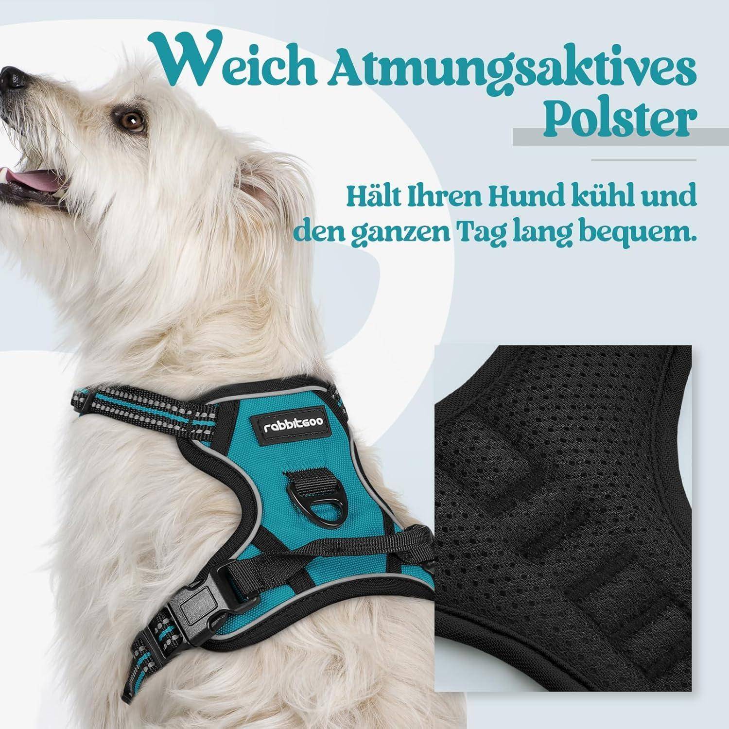 Ein flauschiger weißer Hund trägt ein blaues und schwarzes atmungsaktives Geschirr. Text auf Deutsch betont die Komfort- und Kühlvorteile für Hunde.