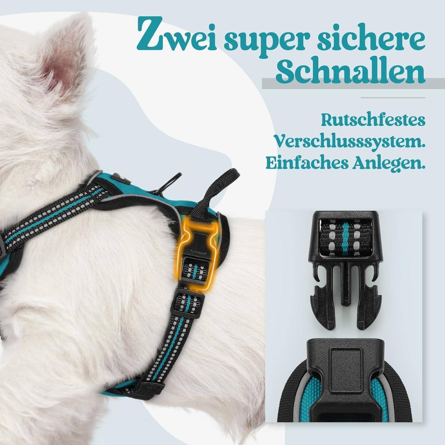 Ein Nahaufnahme eines Hundes, der ein Geschirr trägt, mit Text auf Deutsch: 'Zwei super sichere Schnallen. Rutschsicheres Verschlusssystem. Einfaches Anlegen.' Zwei Schnallendesign werden gezeigt.