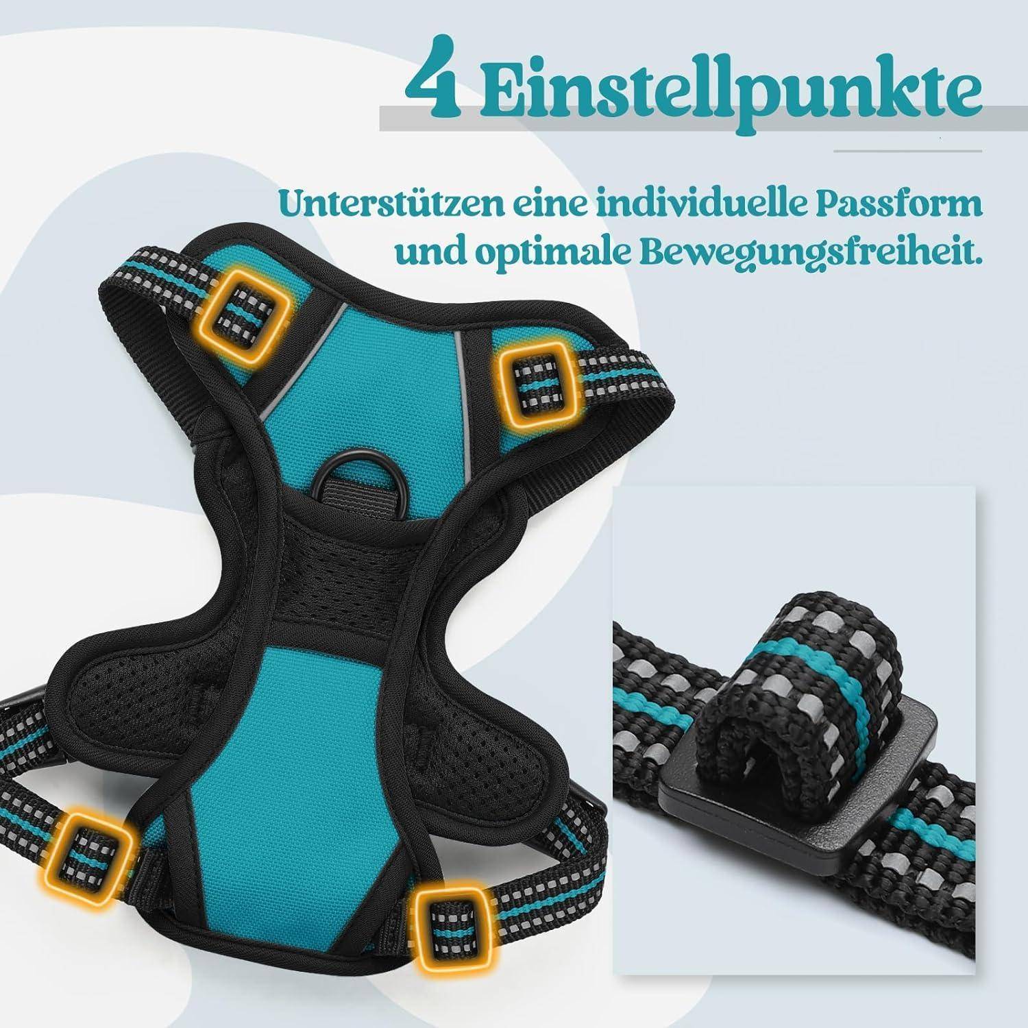 Eine Hundeleine mit '4 Einstellpunkten' und verstellbaren Gurten. Merkmale umfassen eine personalisierte Passform und optimale Bewegungsfreiheit.