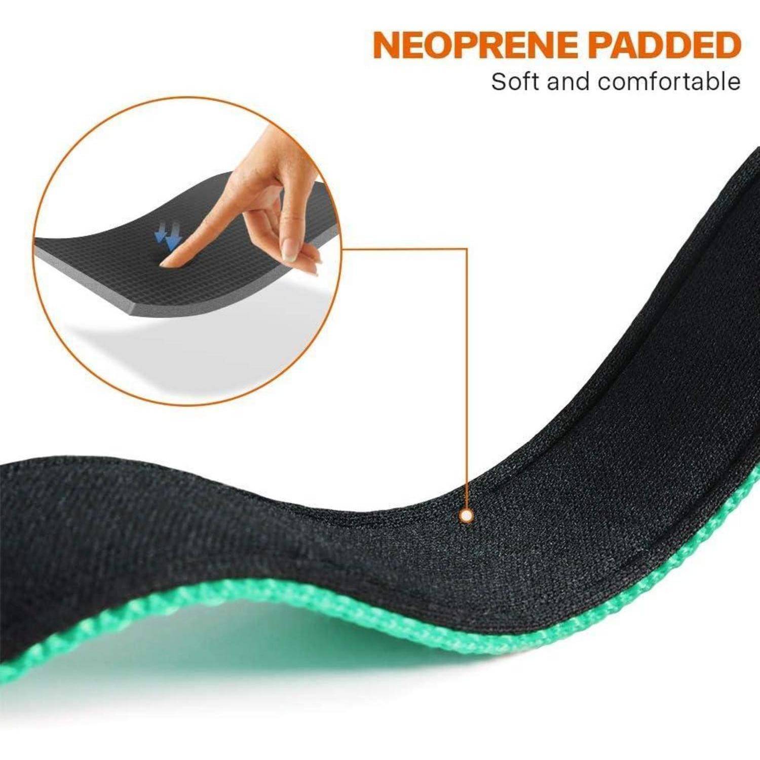 Neopren gepolstert, weich und bequem.' Bild zeigt eine Nahaufnahme, wie ein Finger auf schwarzes Neoprenmaterial drückt.