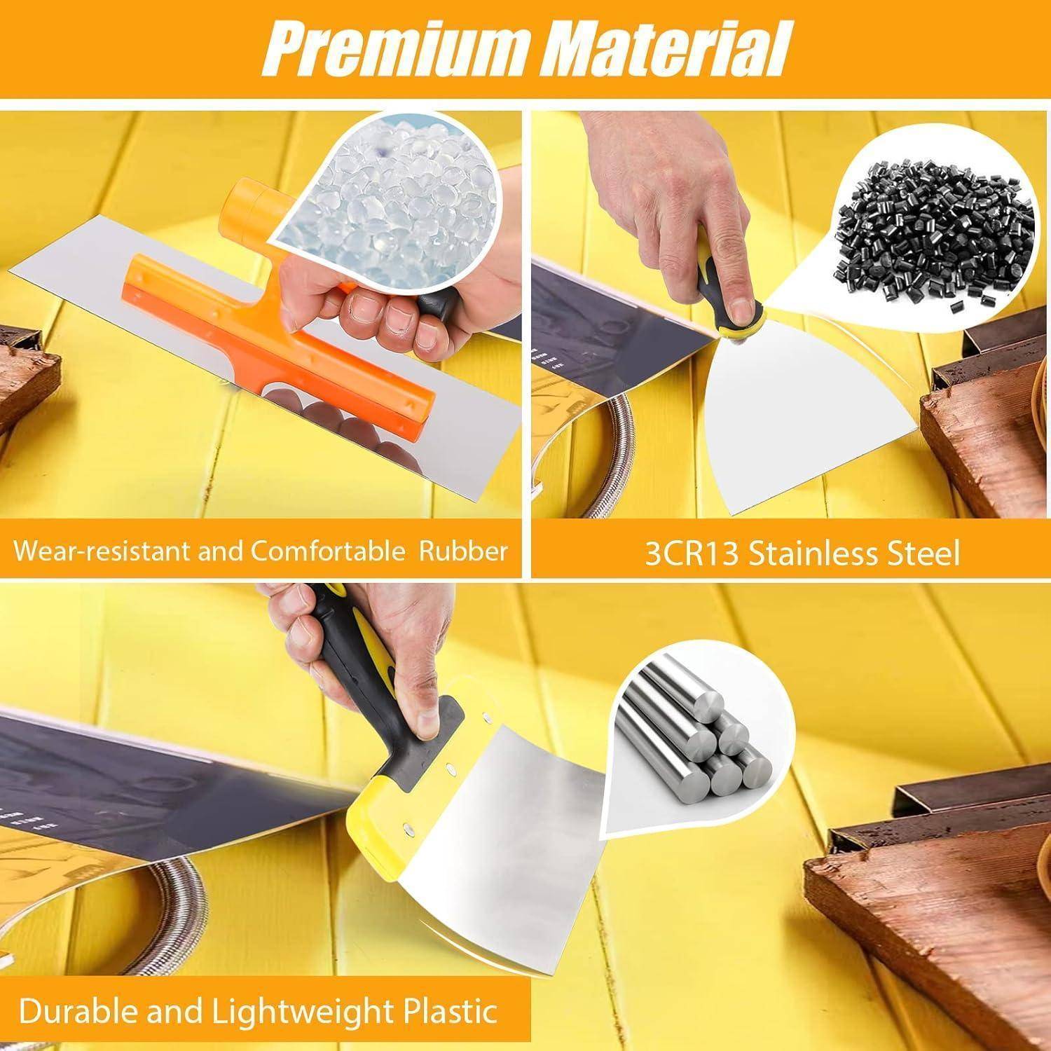 Abbildung zeigt Werkzeuge aus ‚Premium-Material': umfasst verschleißfeste Gummimaterialien, 3CR13 Edelstahl und robustes Plastik.