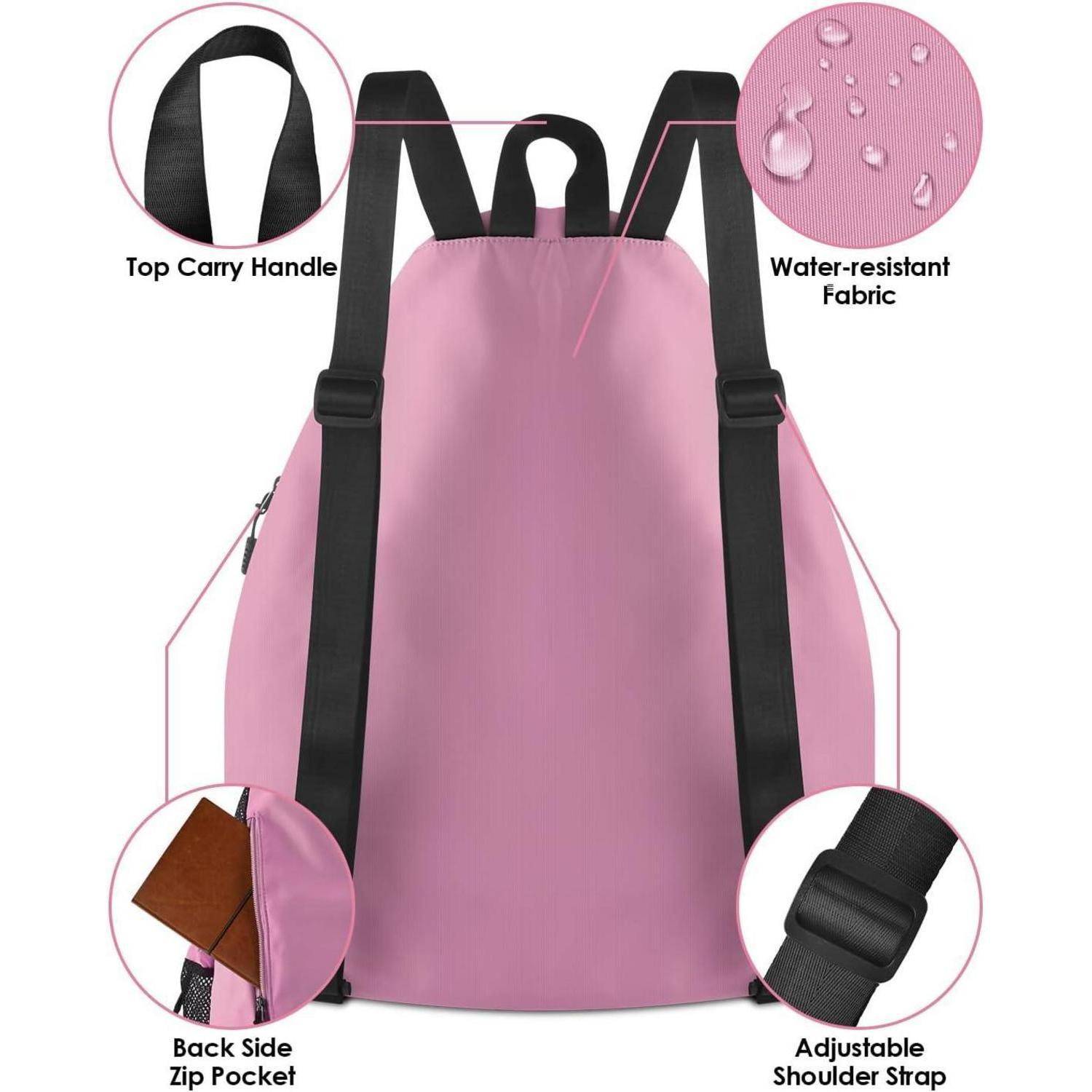 Ein rosa Rucksack mit Tragegriff oben, verstellbaren Schultergurten, einer Reißverschlusstasche auf der Rückseite und wasserdichtem Stoff wird gezeigt.