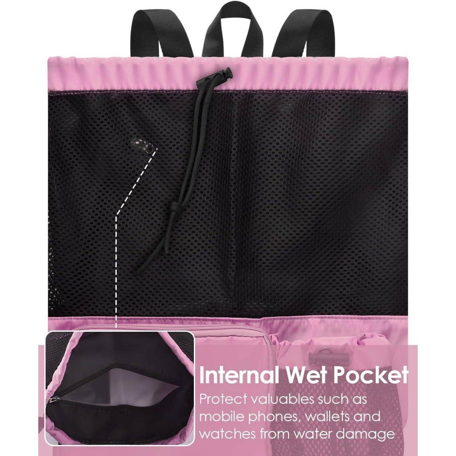 Eine rosa und schwarze Tasche verfügt über eine "Interne Wasserdichte Tasche"", um Gegenstände wie Handys und Geldbörsen vor Wasserschäden zu schützen.