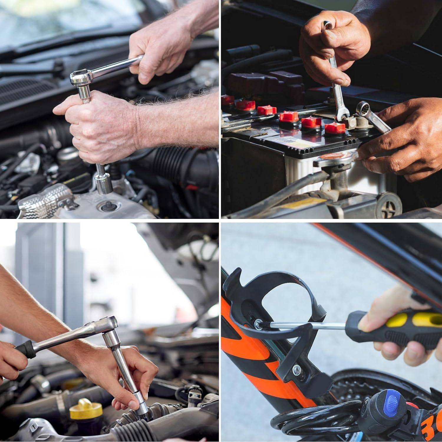 Vier Bilder zur Auto- und Motorradwartung: oben links, eine Schraube festziehen; oben rechts, eine Autobatterie anschließen; unten links, eine Autokomponente justieren; unten rechts, ein Motorrad reparieren.