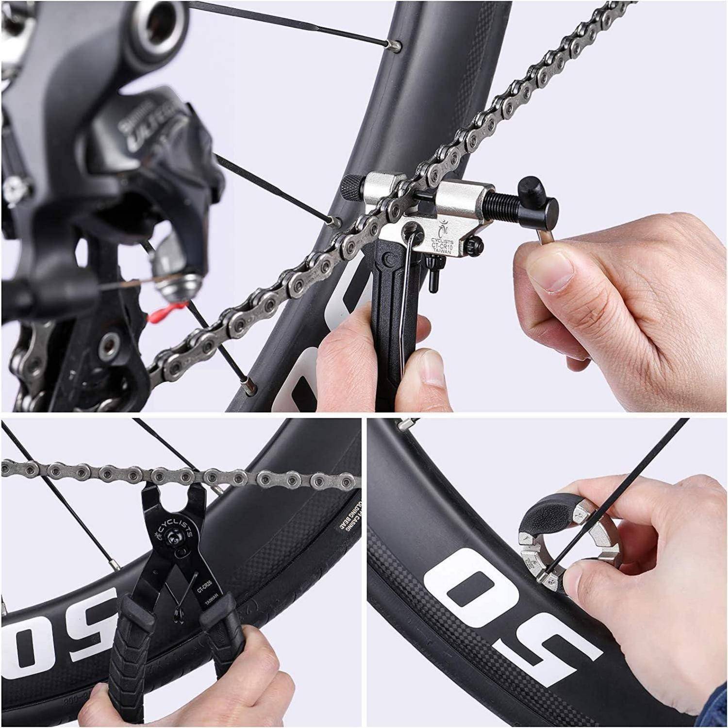 Eine Person, die Werkzeuge verwendet, um eine Fahrradkette auf einem Fahrradrad zu reparieren oder einzustellen.