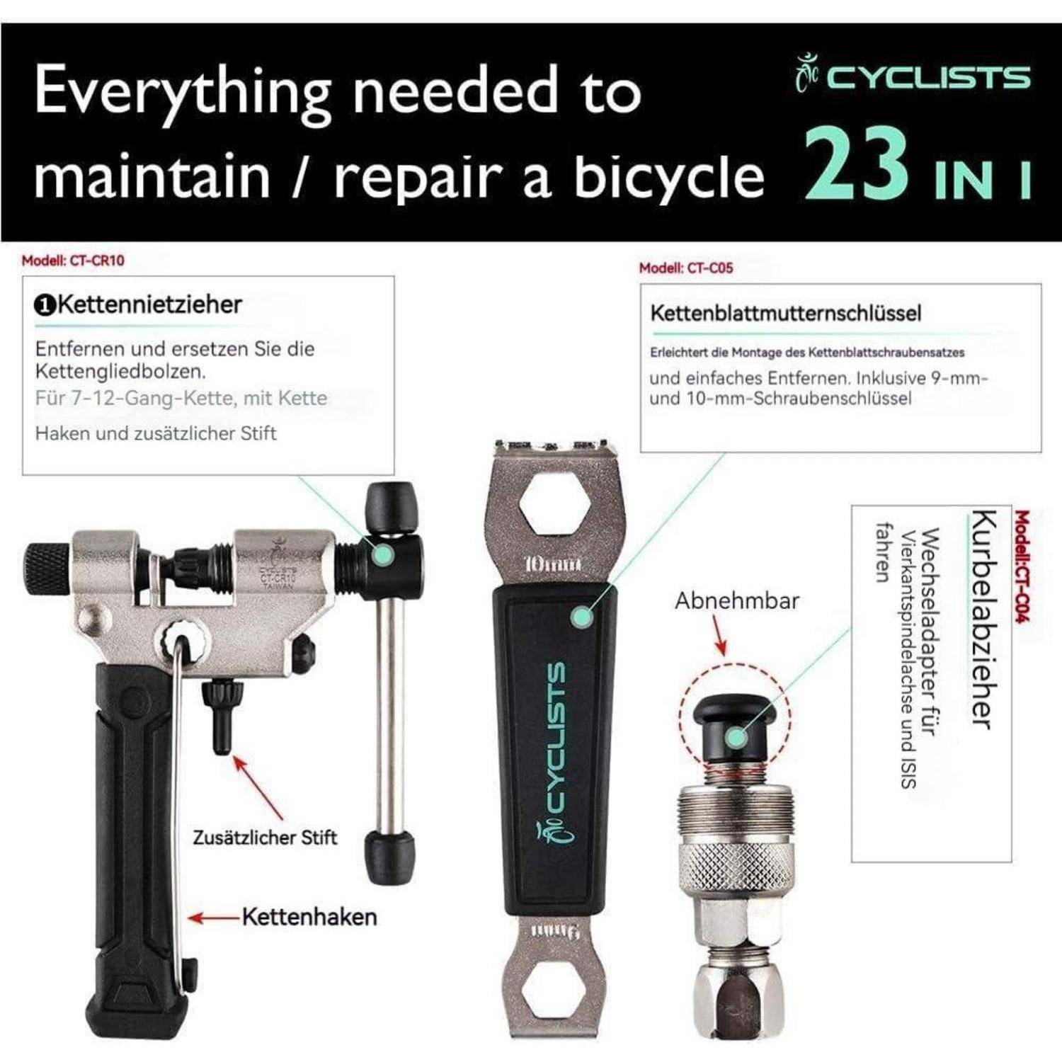 Fahrrad Reparaturset Werkzeugkoffer Reifen Kette 23 Teilig