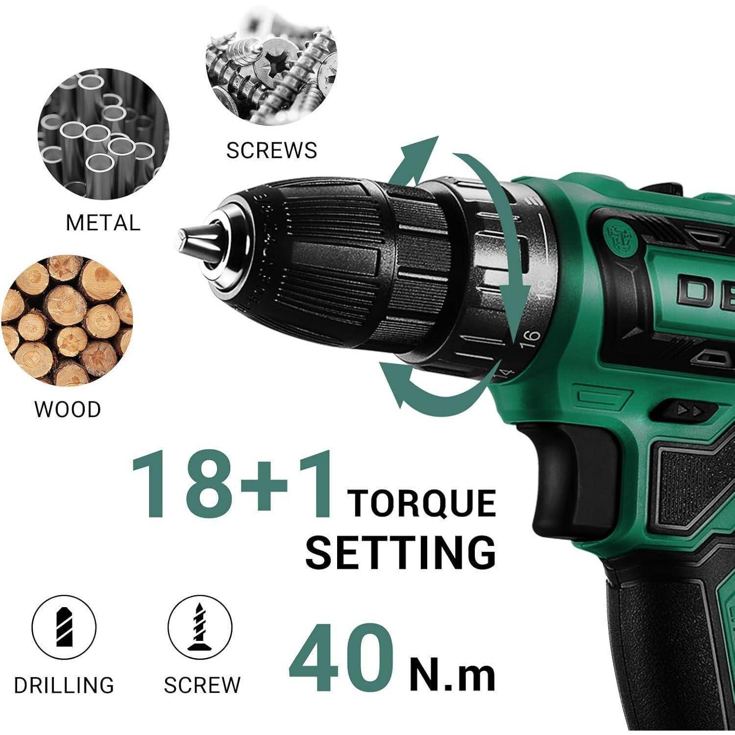 Eine kabellose Bohrmaschine mit '18+1 Drehmomenteinstellungen' und '40 N.m' im Text. Geeignet für Metall, Schrauben und Holz, dargestellt durch Symbole über der Bohrmaschine.