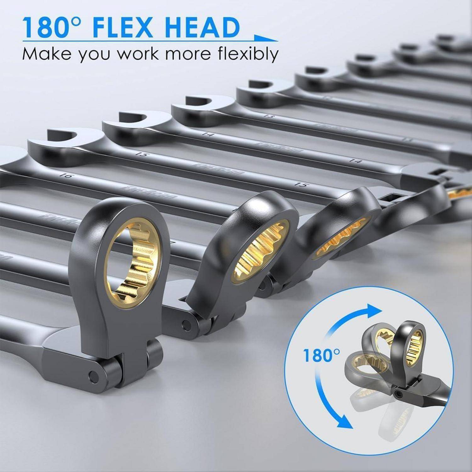 180° Flex Head' Ratschenschlüssel mit schwenkbaren Köpfen, die vielseitige Winkel zur verbesserten Flexibilität bei der Werkzeugnutzung demonstrieren.