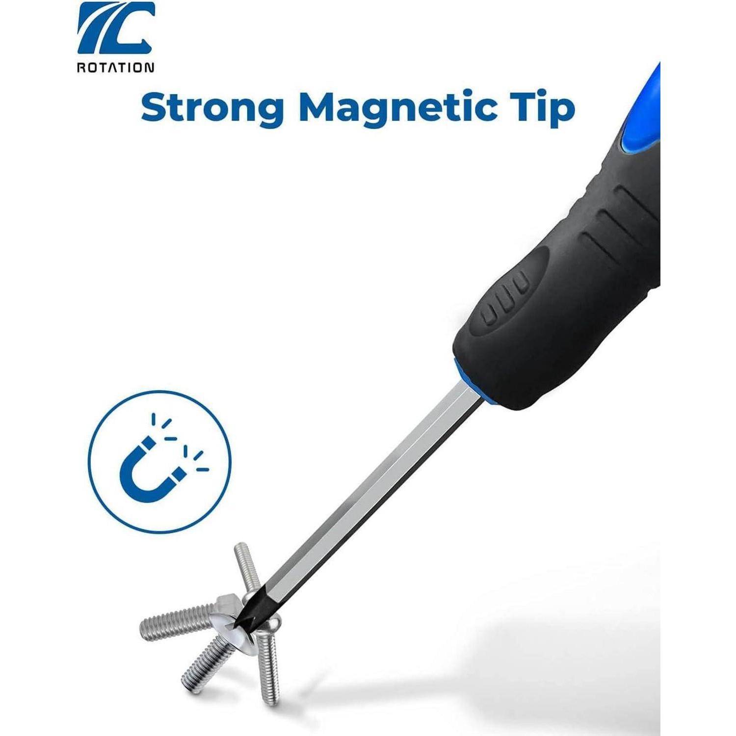 Schraubendreher mit einer starken magnetischen Spitze, der mehrere Schrauben hält und die Wirksamkeit des magnetischen Merkmals zeigt.