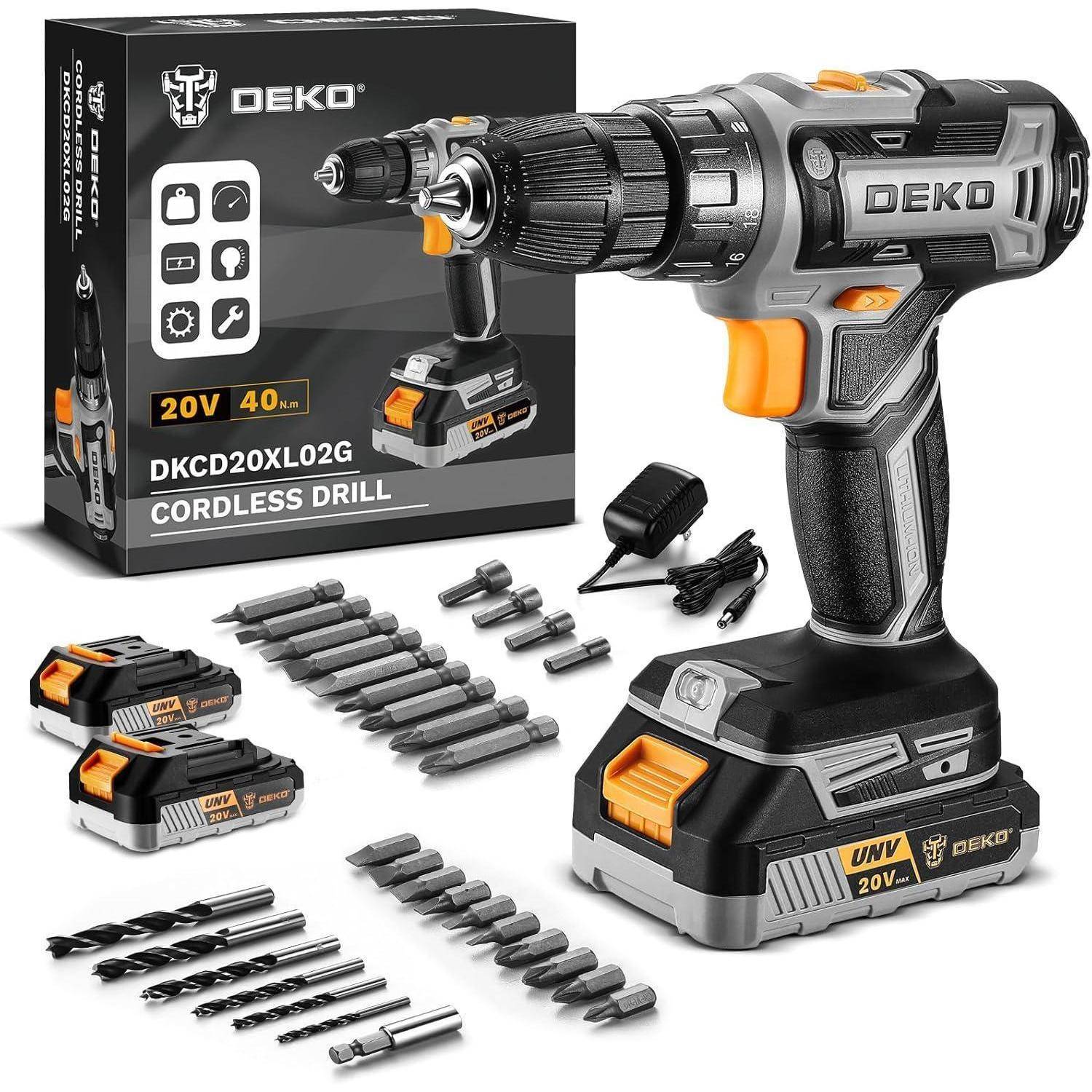 Akku-Bohrschrauber-Set mit 20V, 40 Nm Bohrmaschine, zwei Akkupacks, Ladegerät und verschiedenen Bohraufsätzen, die vor einer Verpackungsbox positioniert sind.