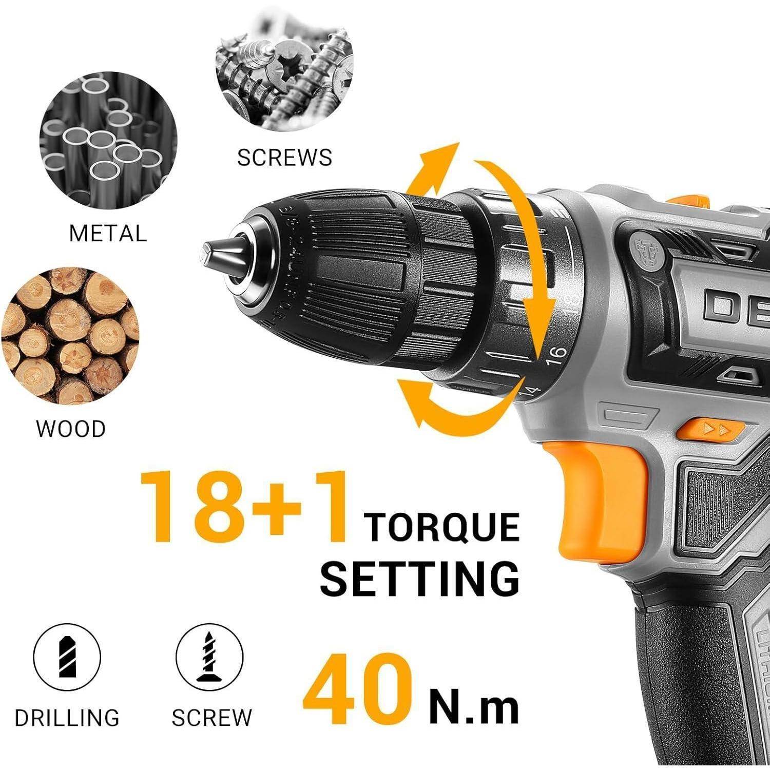 Akku-Bohrschrauber mit einstellbaren Einstellungen für Metall, Schrauben und Holz. Verfügt über 18+1 Drehmomenteinstellungen, maximales Drehmoment 40 N.m.