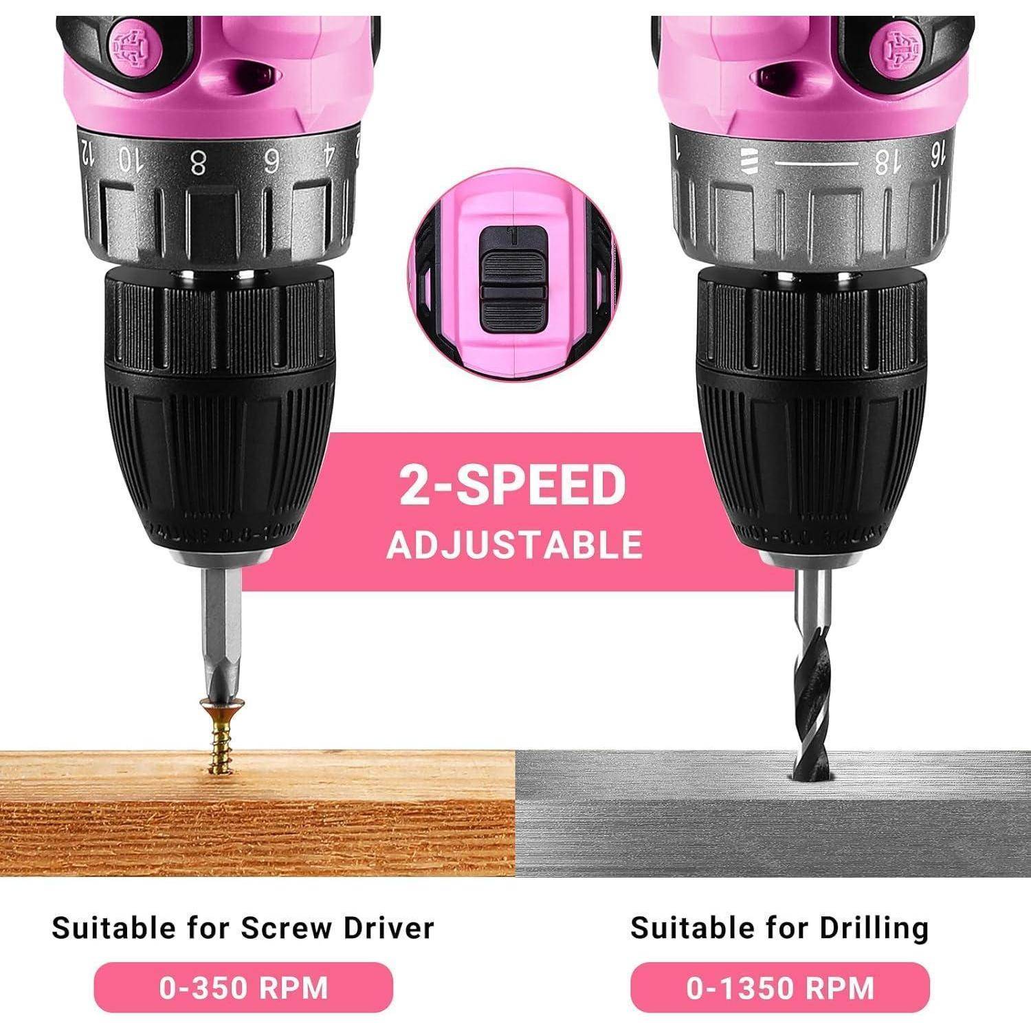 Rosa kabellose Bohrmaschine mit zwei Geschwindigkeitsstufen. Links: Eindrehen einer Schraube bei 0-350 U/min. Rechts: Bohren eines Lochs bei 0-1350 U/min. Text: 