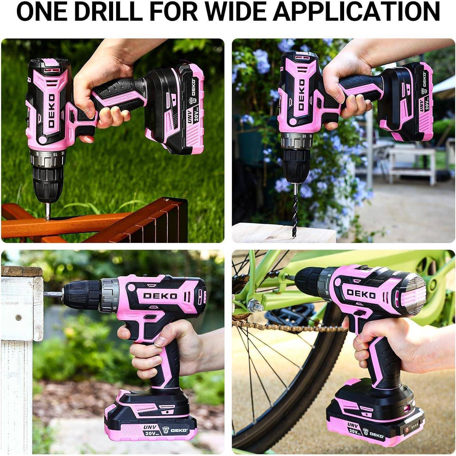 Eine rosa-schwarze kabellose Bohrmaschine mit der Aufschrift 'DEKO' wird in vier Szenarien gezeigt: Holzbohren, Möbelaufbau, Fahrradreparatur und Outdoor-Nutzung.