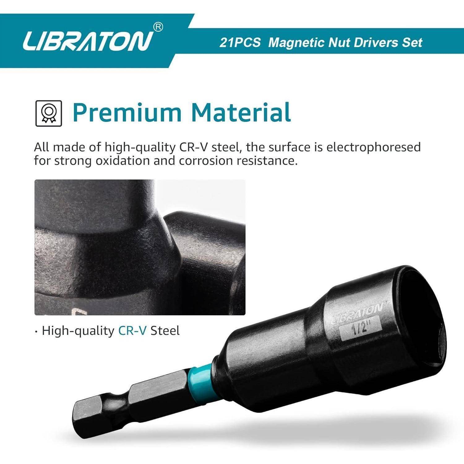 Das Bild zeigt einen Satz magnetischer Schraubendreher mit der Markenbezeichnung 'Libraton'. Es hebt hochwertiges CR-V-Stahl als 'Premium Material' hervor und betont dessen Widerstandsfähigkeit gegen Oxidation und Korrosion.