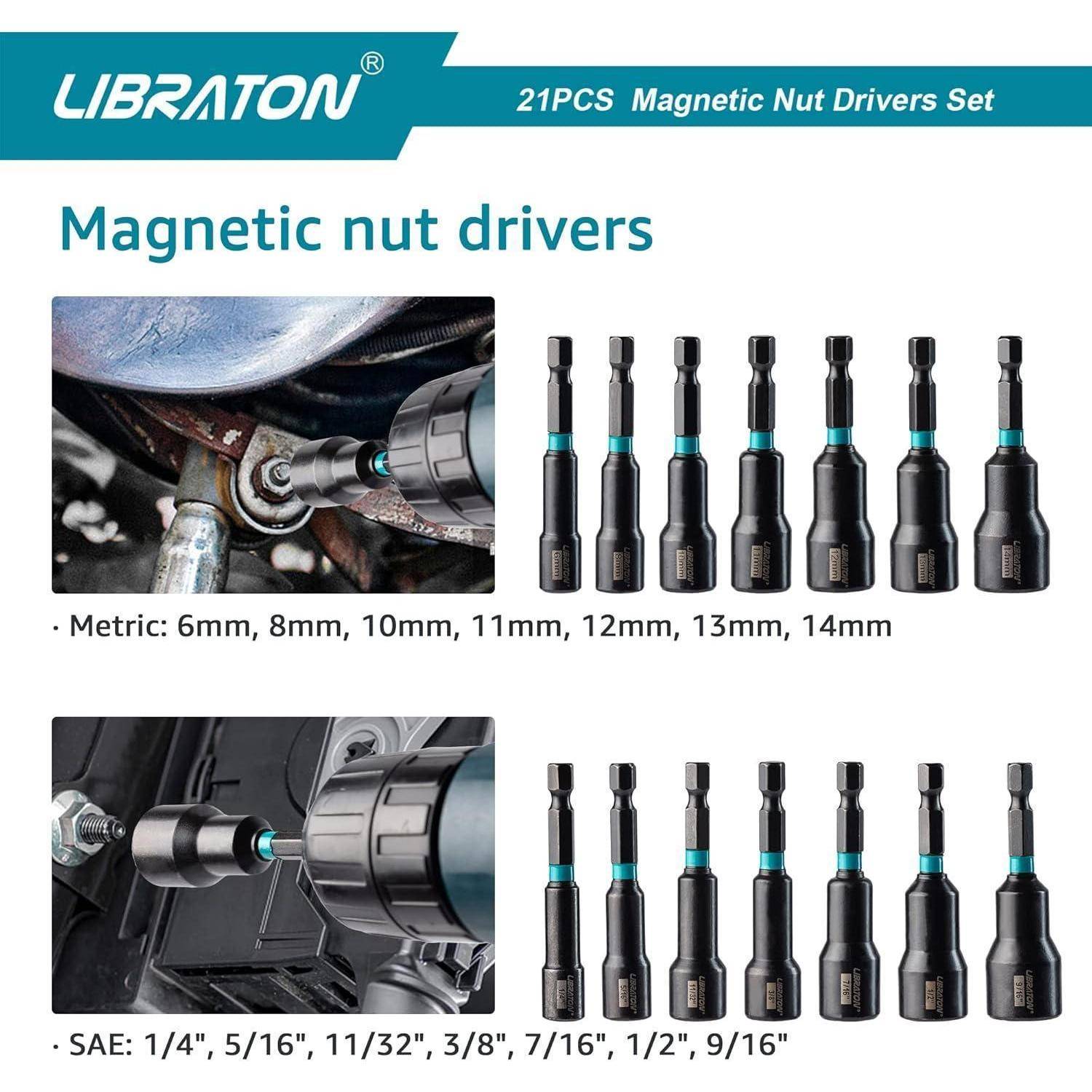 LIBRATON 21-teiliges Magnetisches Stecknuss-Set' wird angezeigt. Es enthält Bilder von Bohrmaschinen mit angebrachten Stecknüssen. Größen: Metrisch 6-14 mm, SAE 1/4''-9/16''.
